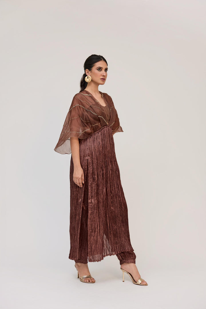 Tree Trunk Overlay Dress With Pants In Dark Brown