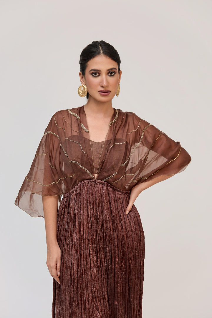 Tree Trunk Overlay Dress With Pants In Dark Brown