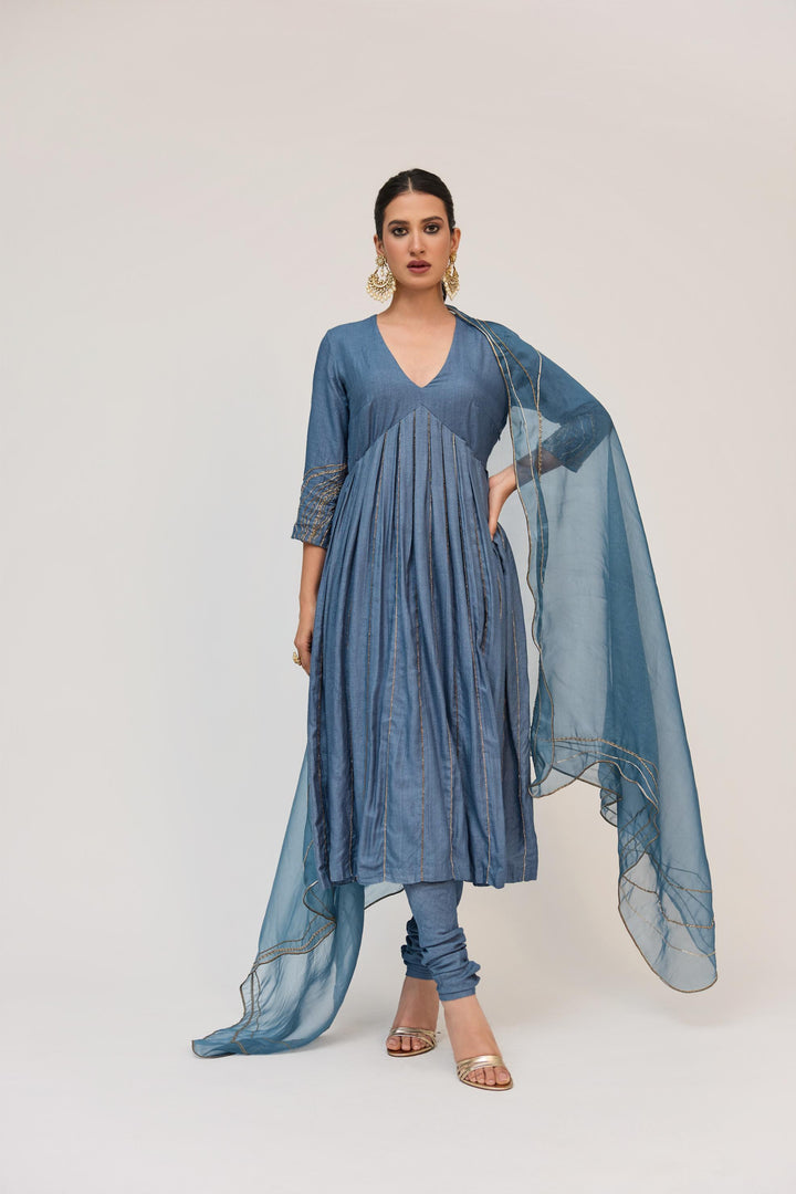 Tree Trunk Anarkali Set In Aqua Blue