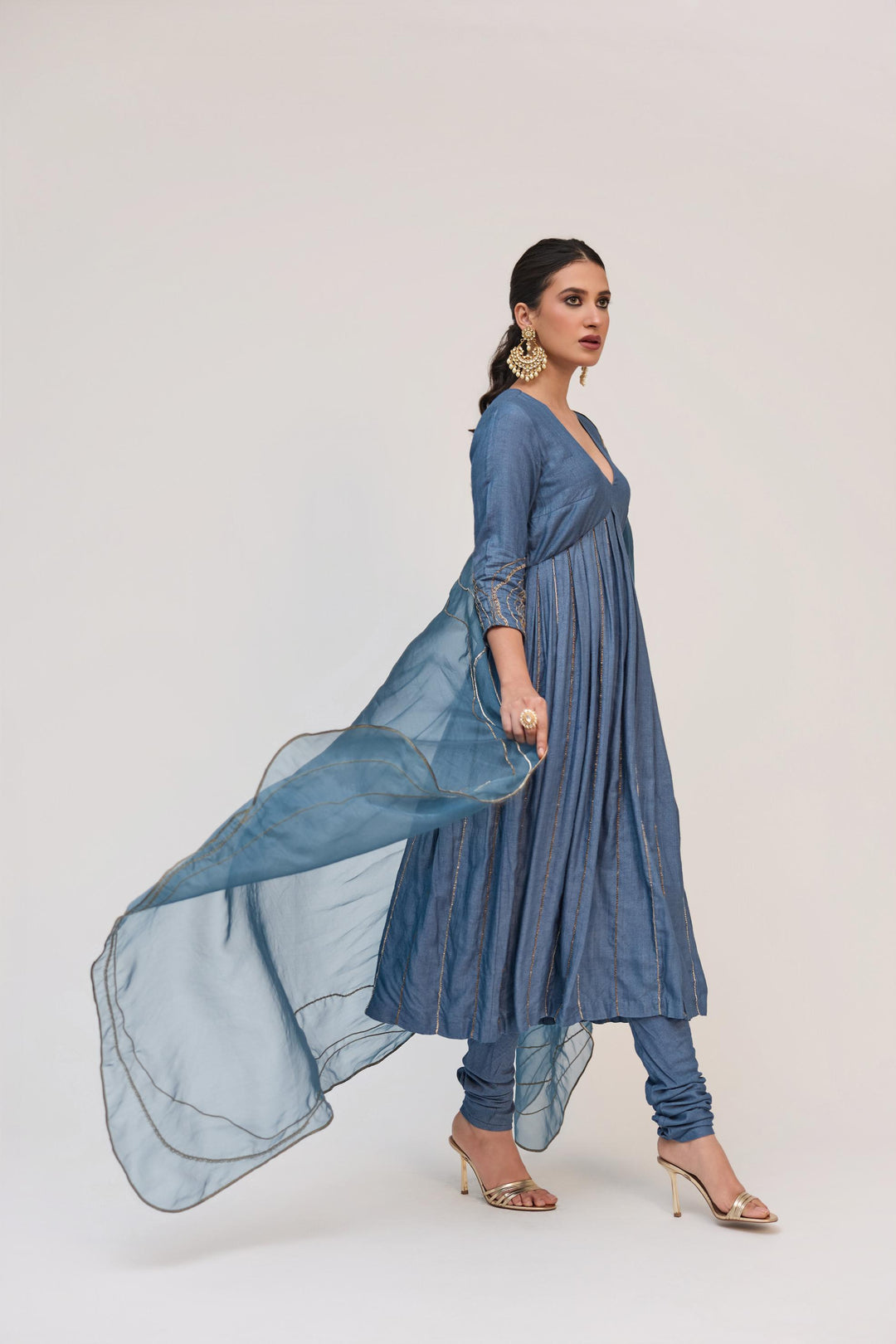 Tree Trunk Anarkali Set In Aqua Blue