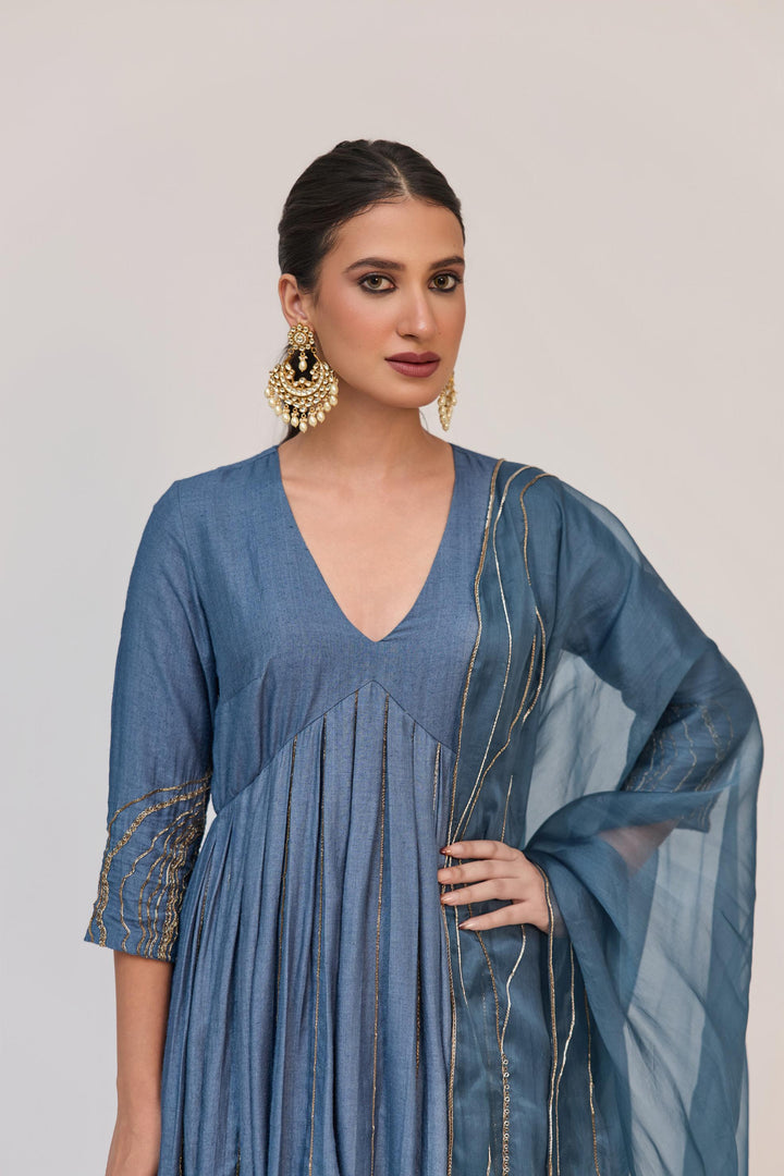 Tree Trunk Anarkali Set In Aqua Blue