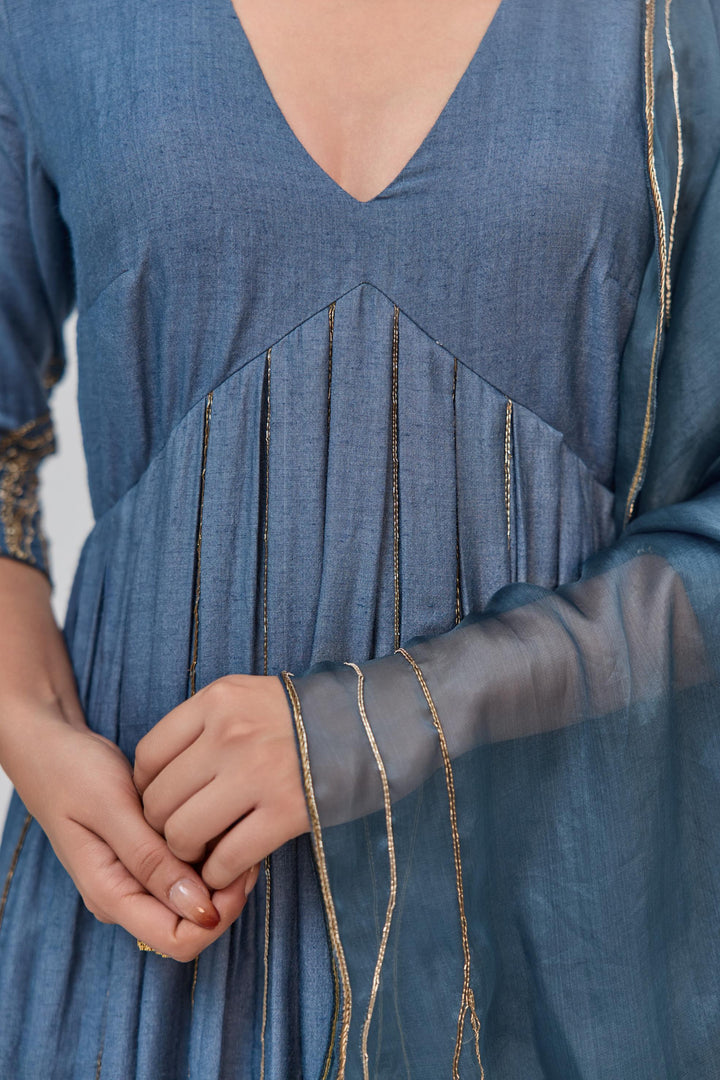Tree Trunk Anarkali Set In Aqua Blue