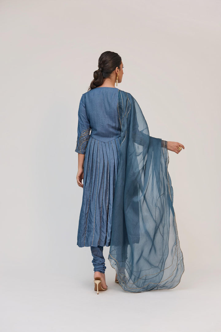 Tree Trunk Anarkali Set In Aqua Blue