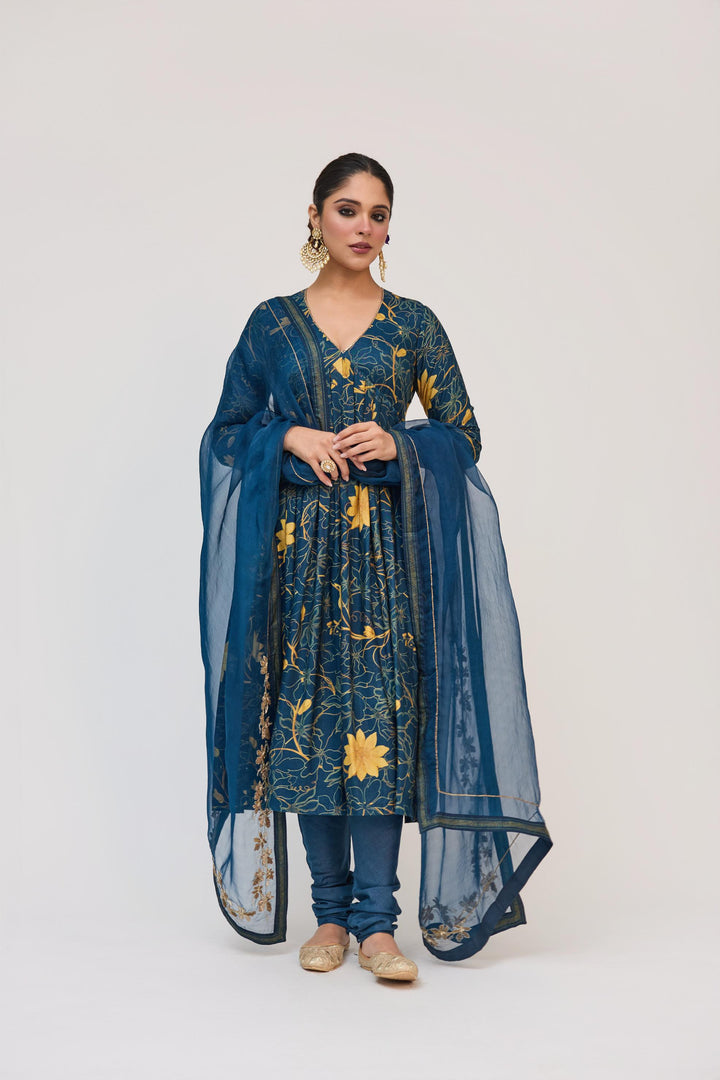 Krishna Kamal Anarkali Set With Dupatta Royal Blue