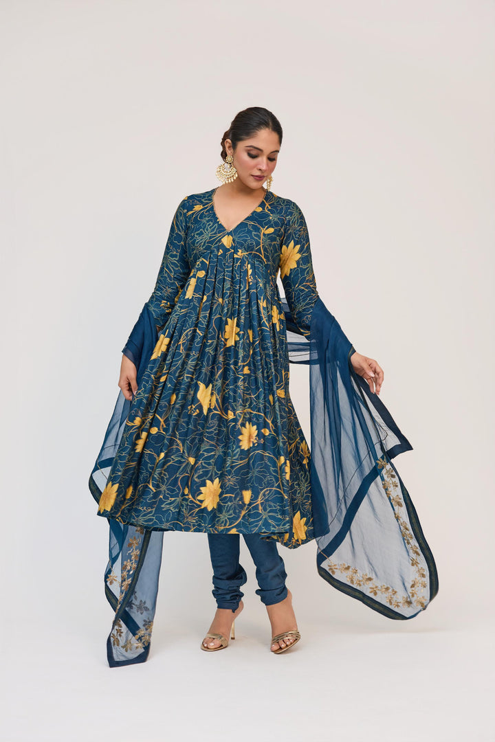 Krishna Kamal Anarkali Set With Dupatta Royal Blue