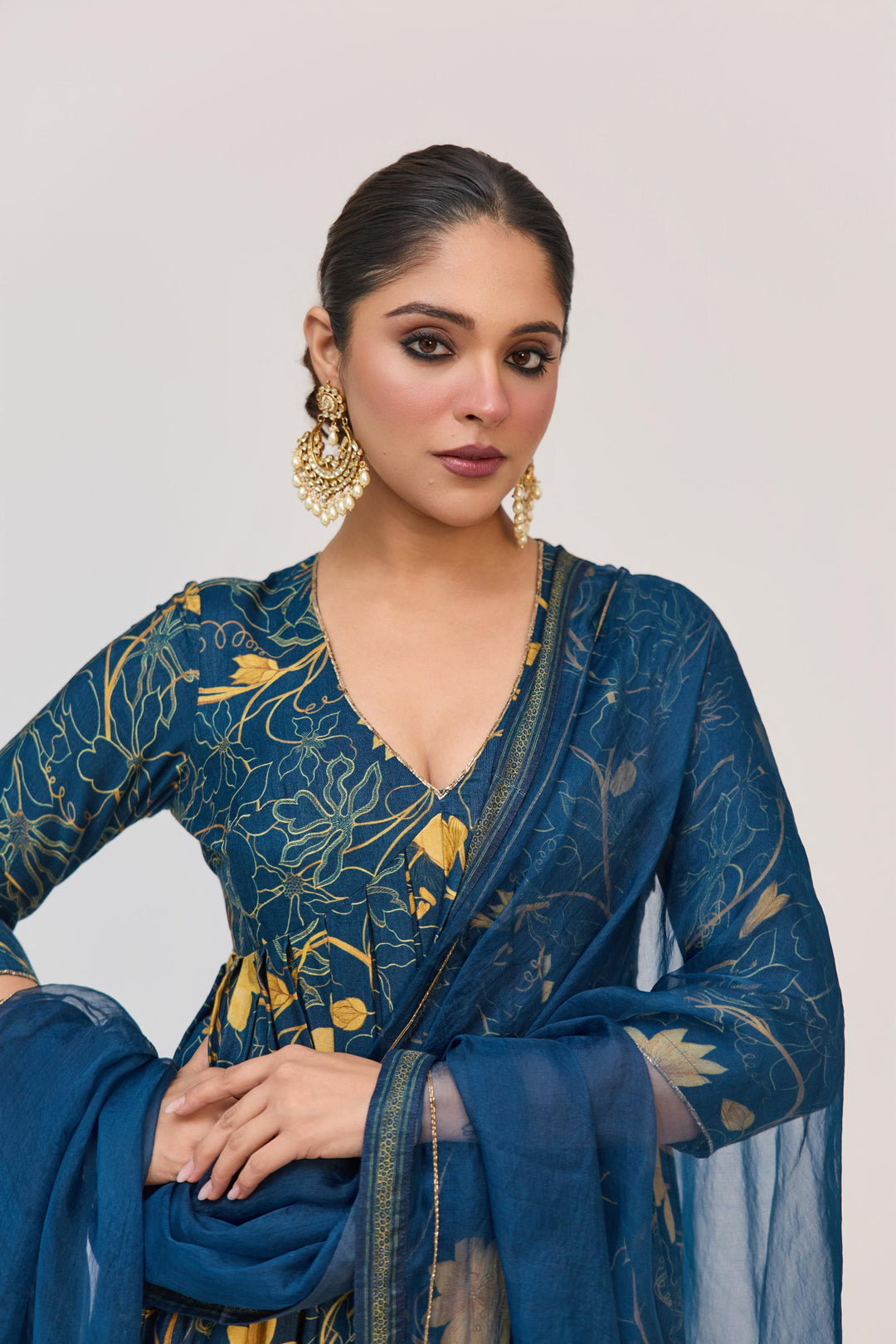 Krishna Kamal Anarkali Set With Dupatta Royal Blue