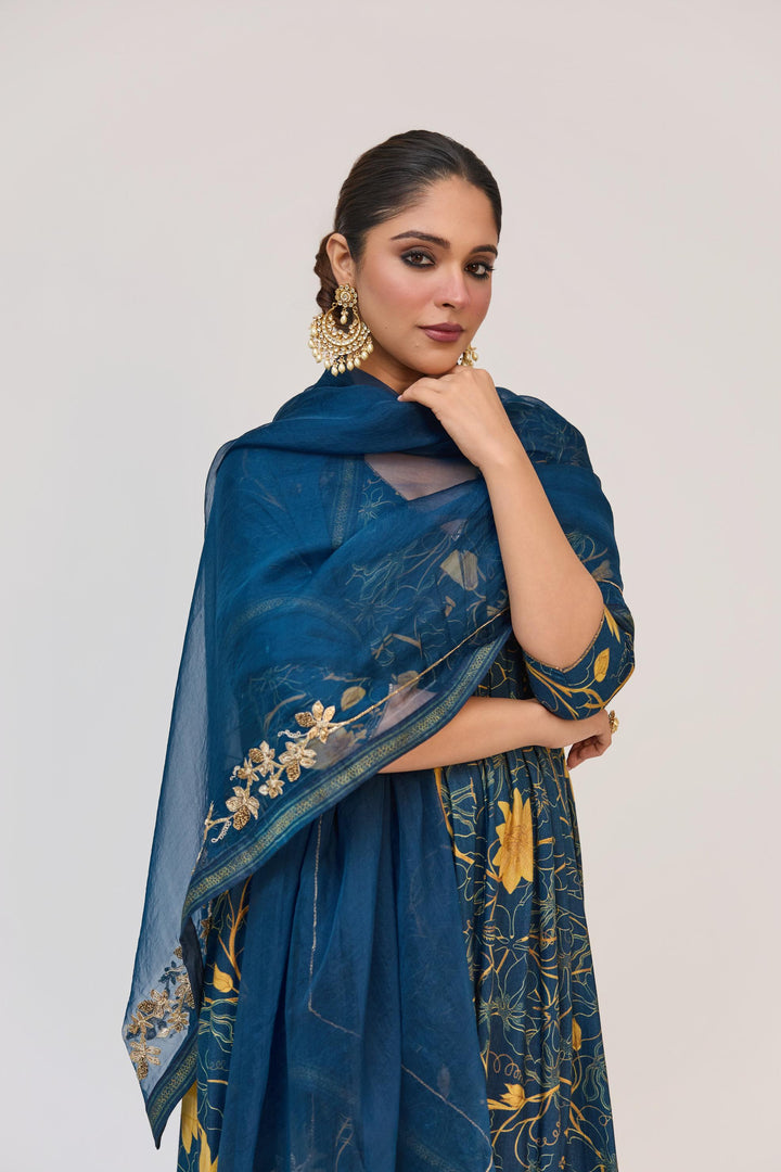 Krishna Kamal Anarkali Set With Dupatta Royal Blue